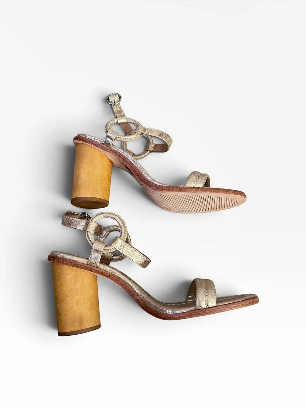 Bernardo Anthropologie Harlow Heeled Sandal Wood Block Gold Leather 9.5 Formal - Picture 10 of 11